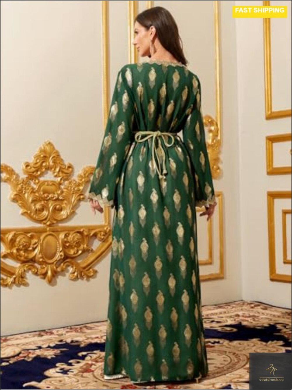 Embroidered Modest Maxi Dress Long Sleeve V-Neck Abaya Kaftan Formal Event - Picture 4 of 5